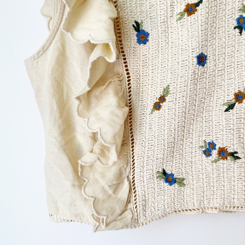 Pimkie Floral Embroidered Ruffle‎ Top Cream Cotton Linen Side Zip Small EU 40 - Picture 6 of 9
